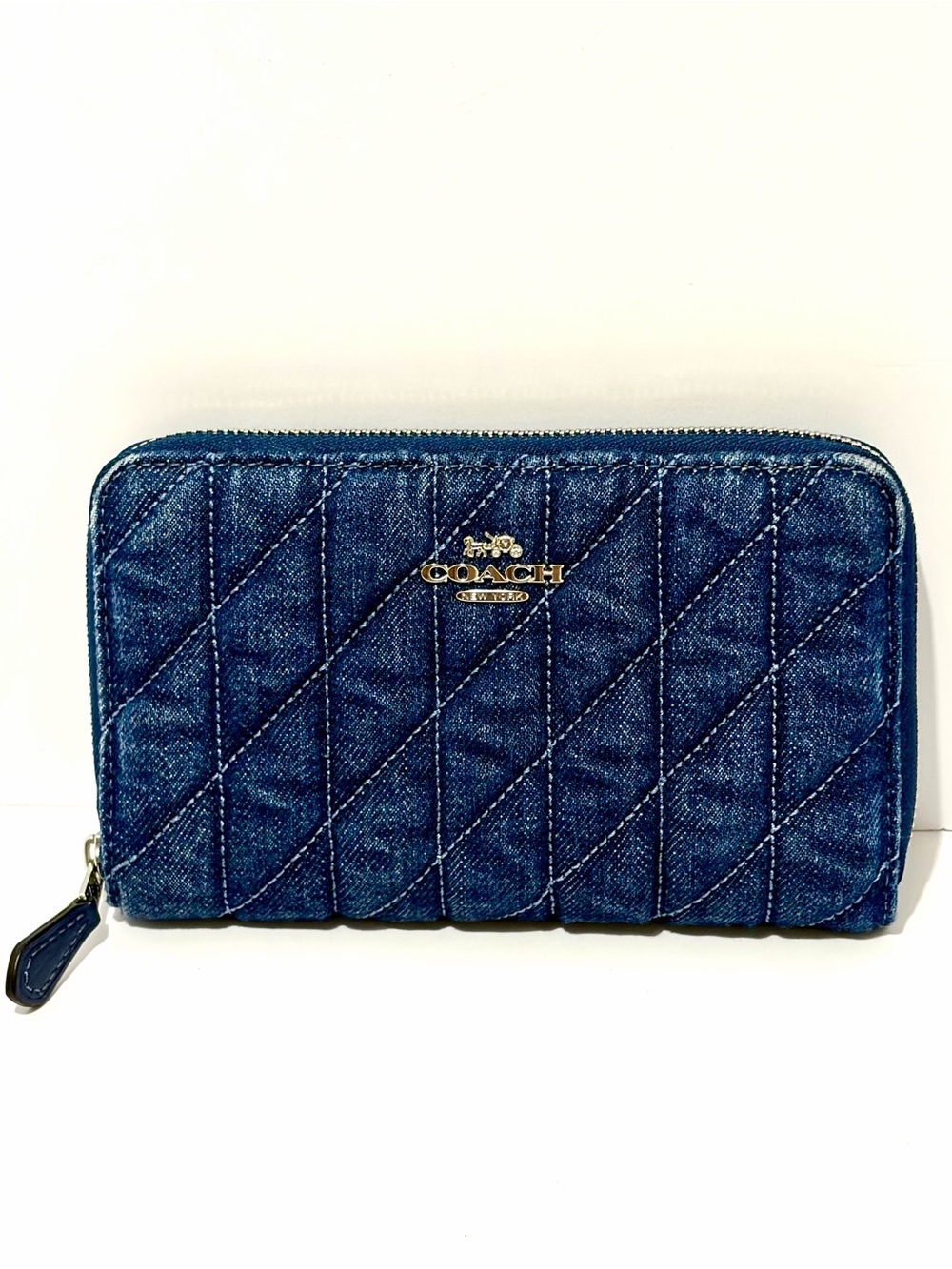 Coach Medium ID Zip Wallet With Quilting In Quilted Indigo Denim